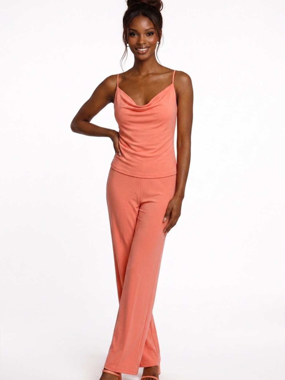 Women's Coral Cowl Neck Pantsuit
